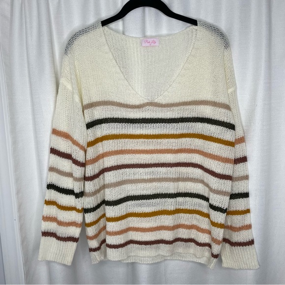 Pink Lily V-Neck Striped Sweater - Picture 3 of 8